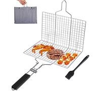 Grill Basket - Stainless Steel BBQ Grilling Basket, Foldable BBQ Basket with Detachable Handle, Portable Barbecue Grid for Fish Steak Vegetable Shrimp Including Basting Brush & Storage Bag (32x22cm)