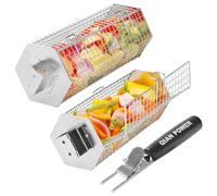 Grill Baskets 2PCS Stainless Steel with Removable Wooden Handle Hexagon Design for BBQ Camping & Outdoor Cooking Accessories, Great Gift for Grill Lovers