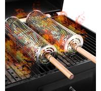 Grill Baskets with Handle Grilling Tools, Stainless Steel Wire Rolling Grill Basket, Tumble Barbecue Grill Basket, Cylinder Mesh Grilling Barbecue Rack for Outdoor Camping and Picnic, BBQ Accessories