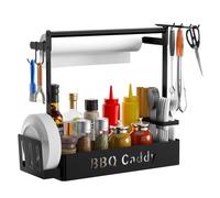 Grill Caddy, BBQ Caddy with Paper Towel Holder for Plate Cutlery, Flatware Caddy Picnic Condiment Caddy with 4 Hooks, Grill Utensil Caddy for Outdoor Grilling Camping, Barbecue Accessories Organizer