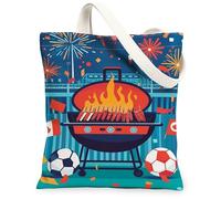 Grill Canvas Tote Bag for Women, Summer Festive Fire Soccer Ball Canada Day Blue Washable Reusable Everyday Tote Bag Ideas, Blue, 13x15 Inch