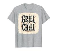Grill Chill BBQ Vintage Sign Smoky Flames Cookout Decor T-Shirt, Men, Heather Grey, 5XL