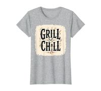 Grill Chill BBQ Vintage Sign Smoky Flames Cookout Decor T-Shirt, Women, Heather Grey, 3XL