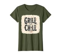 Grill Chill BBQ Vintage Sign Smoky Flames Cookout Decor T-Shirt, Women, Olive, 3XL