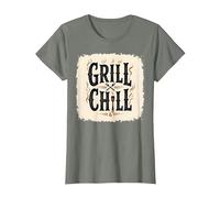 Grill Chill BBQ Vintage Sign Smoky Flames Cookout Decor T-Shirt, Women, Olive Heather, 3XL