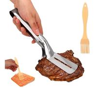 Grill Clamp & Silicone Brush, Premium Stainless Steel Grill Clamp and Silicone Oil Brush Set Double Barbecue Spatula Tong Kitchen Cooking Tool Suitable for Flipping Meat Fish Steak Sausage Food