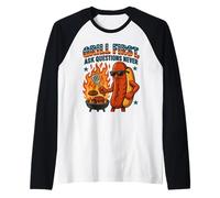 Grill First Ask Questions Never Funny BBQ Graphic Raglan Baseball Tee