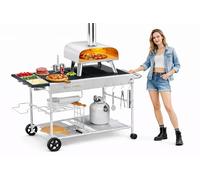 GRILL FORCE Pizza Oven Table with Pizza Topping Station, Movable Pizza Oven Stand, Outdoor Grill Table Cart, Food Prep Work Cart, Fits Ooni Pizza Oven, Ninja Woodfire, Blackstone Griddle