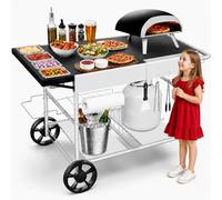 GRILL FORCE Pizza Oven Table with Pizza Topping Station, Movable Pizza Oven Stand, Outdoor Grill Table Cart, Food Prep Work Cart, Fits Ooni Pizza Oven, Ninja Woodfire, Blackstone Griddle