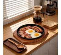 Grill Hot Stone 29cm for Oven and Induction(27CM) | 25cm round plate, cast iron build, high heat tolerance, wooden base included, table protection