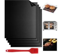 Grill Mat, Set of 5 Non-Stick Barbecue Baking Mat- Reusable Cooking mats for Charcoal, Gas, and Electric Ovens, Durable Easy-to-Clean Barbecue Mats, Include 1Pc Oil Brush(40 x 33 cm)