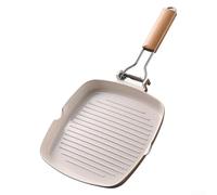 Grill Pan for Induction Use Folding Wooden Handle Aluminum Alloy PFOA-Free Non-Stick Eco Coating Efficient Heat Transfer Gas Electric Dishwasher Safe White Great for Small Kitchens(24cm)