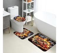 Grill Theme Bathroom Mat Sets 3 Piece, Rustic BBQ Food Design Absorbent Non Slip Toilet Rugs U Shaped Washable, Summer Cooking Quick Dry Flannel Bathroom Rug Set