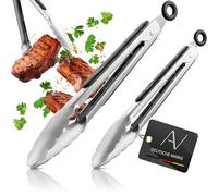 Grill tongs, kitchen tongs made of stainless steel, set of 2 cooking tongs, silicone serving tongs, multi-purpose tongs for cooking and grilling - black