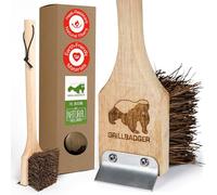 Grillbadger The Original Non Metal Grill Brush for Outdoor Gril | High Temp Heat Resistant BBQ Cleaning Brush | Long Lasting Wooden BBQ Cleaner with Scraper, Safe for Cast Iron Grates - Natural Wood