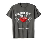 Grilling Meat Softly with His Tongs Funny BBQ Griller Lovers T-Shirt, Men, Asphalt Grey, Small