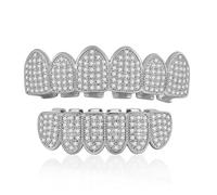 Grillz Gold Grills for Your Teeth Fake Teeth-Grilz Vampire Teeth Diamond Crystal Metal False Tooths Set 18K Gold Plated Iced Out Hip Hop Rapper Costume Gothic Halloween Vampire Bat Cosplay Party