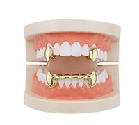18k Gold Plated Dracula Teeth Grillz Set, Brass - 2pc Single Fangs and 6 Bottom Teeth