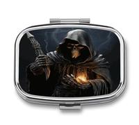 Grim Reaper 2 Compartment Pill Organizer, Small Pill Case for Pocket Wallet, Portable Travel Pill Case, Metal Medicine Organizer, Daily Container