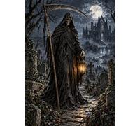 Grim Reaper A4 Gothic Art Print - Hooded Skeleton with Scythe & Lantern - Moonlit Graveyard Dark Fantasy Wall Art - Cemetery Ruins Horror Home Decor Gift