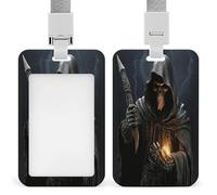 Grim-Reaper Badge Holder with Lanyard, Vertical Hard Plastic ID Card Holder, Sliding Name Tag Holders, Work Card Protector Sleeve for Nurse Doctor Teacher Officer & Gift