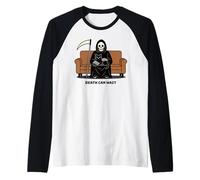 Grim Reaper Black Cat Sitting On Lap Death Can Wait Funny Raglan Baseball Tee