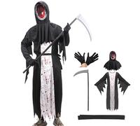 Grim Reaper Children's Costume with Sickle Horror Phantom Black Halloween Boys Girls (XL)