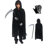 Grim Reaper Costume 150 cm Halloween Fancy Dress Costume Set Boy Black Hooded Cloak Skeleton Gloves Scythe Prop for Adult Kids Halloween Party Costumes