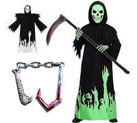Grim Reaper Costume Adult, Luminous Mask Set with Sensemann Cape and Scythe and Glow Gloves, Halloween Costume Adult, Costume Halloween Men for Party Carnival Cosplay Parent (140-150 cm)