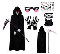 Grim Reaper Costume Adults Halloween - 6 Pcs Dark Skeleton Custume, Red Glowing Glasses, Mask, Gloves, Scythe Prop, Sticker Halloween Scary for Adults Cosplay Outfits Party Dress Teenagers (SSTZ-180)