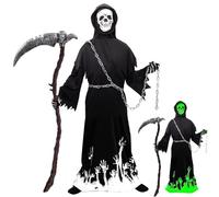 Grim Reaper Costume Children with Scythe and Waist Chain, Deluxe Glow in the Dark Halloween Costume Boys Grim Reaper Scary Grim Reaper Costume for Halloween, Carnival, Fancy Dress (XL: 12-15 Years)
