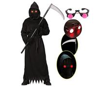 Grim Reaper Costume Children with Scythe, Scary Phantom Costume Sense Light-Up Glasses for Boys Halloween Dress Up, Role Playing, Consists of 1 Full Hood, 1 Dress, 1 Scythe, Luminous Glasses, Gloves