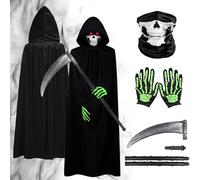 Grim Reaper Costume Children's 120 cm / 140 cm Grim Reaper Costume, Halloween Costume Grim Reaper with Skull Mask, Glow Gloves and Scythe, Grim Reaper Fancy Dress Set for Boys Halloween Carnival