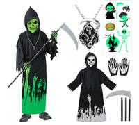 Grim Reaper Costume Children's Boys Glow in The Dark 122 128 134 with Scythe Gloves Scary Halloween Costume Kids Grim Reaper Cape Ghostface Scream Reaper Costume Child Black Robe with Hood