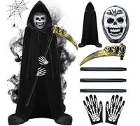 Grim Reaper Costume for Kids - Black Robe With Hood, Scythe, Skull Plastic Mask and Skeleton Gloves - Halloween Boys Outfit