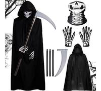 Grim Reaper Costume, Halloween Decorations, 4 Pcs Skeleton Halloween Costumes Adult Skull Mask Gloves Death Accessory and Black cloak, Halloween Costumes for Women Can Show a Grim and Scary Atmosphere