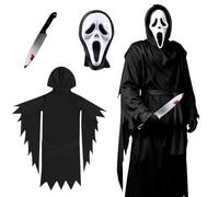 Grim Reaper Costume, Halloween Fancy Dress Costume with Robe, Mask, Gloves | Reaper Cloak with Hood Cosplay Costume Accessories Halloween Fancy Dress Outfit for Halloween Carnival Party Cosplay (140cm)