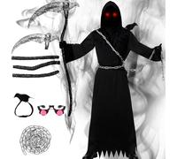 Grim Reaper Costume Kids Adults, Scary Scythe Grim Reaper Halloween Cloak Outfit Fancy Dress Boys Girls Women Men with Sythe Chain Grim Halloween Cape Robe (Kids, (12-14) years old)