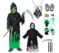 Grim Reaper Costume Kids Boys 4-6 Glow In The Dark Halloween Costumes for Kids Boys Girls Skeleton Mask & Skeleton Gloves Death Ghost Face Costumes Grim Reaper Scythe Scream Outfit Fancy Dress Up