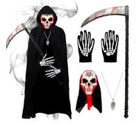 Grim Reaper Costume Kids, Boys Grim Reaper Fancy Dress Costume,Halloween Death Fancy Dress Set with Black Cloak, Scythe,Skeleton Gloves Mask Skull necklace