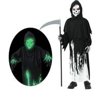 Grim Reaper Costume Kids Boys Halloween Glow in the Dark Skeleton Death Ghost Scythe Outfit Scary Grim Reaper Robe Phantom Gloves Fancy Dress Cape (S)