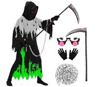 Grim Reaper Costume Kids, Glow in the Dark Skeleton Black Cape with Hood with Glasses Gloves Grim Reaper Scythe Costume Chain, Boys Girls Halloween Scary Death Ghost Outfit Fancy Dress Cosplay (XS)