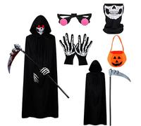 Grim Reaper Costume Kids Halloween - 6 Pcs Dark Skeleton Custume, Red Glowing Glasses, Mask, Gloves, Scythe Prop And Pumpkin Bag, Halloween Scary for Boys Girls Cosplay Outfits Party Dress (SSTZ-140)