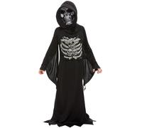 Smiffys Skeleton Reaper Costume, Black with Robe & Hooded Mask, Halloween Child Fancy Dress, Skeleton Dress Up Costumes
