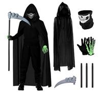 Grim Reaper Costume Men, Halloween Costume Grim Reaper with Halloween Cape, Scythe, Skeleton Face Mask, Glove, for Halloween Party Decoration, Cosplay, Carnival (Cape 140 cm Long, for Adults)