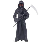 Grim Reaper Costume Outfits Kids Boys Girls Scary Halloween Costume Grim Reaper Robe with Scythe, Glowing Red Eyes Glasses, Gloves, Facewear, Belt (Black, 6-7 Years)