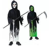 Grim Reaper Costume Set for Kids & Adults - 5PCS Halloween Scary Outfit with Black Hooded Cloak, Skeleton Gloves, Skull Mask, Red-Eye Glasses & Scythe for Cosplay Party Dress Up (3PCS-B-XL)