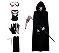 Grim Reaper Costume Set for Kids & Adults - 5PCS Halloween Scary Outfit with Black Hooded Cloak, Skeleton Gloves, Skull Mask, Red-Eye Glasses & Scythe for Cosplay Party Dress Up