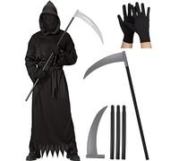 Grim Reaper Costume Set for Men, Halloween Scary Ghost Ghoul Cosplay Masquerade Tunic Outfit, Hooded Robe with Invisible Face Mask, Belt, Gloves & Death Reaper Scythe (XXL)