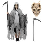 Grim Reaper Costume with Skull Mask for Adults Scary Halloween Medieval Hooded Cape Death Hook Cosplay Fancy Dress Cloak, Horror Grim Reaper, 59”
